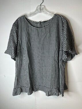Talbots Size XL Black White Gingham Check Top Ruffled Hem Sleeves Back Buttons
